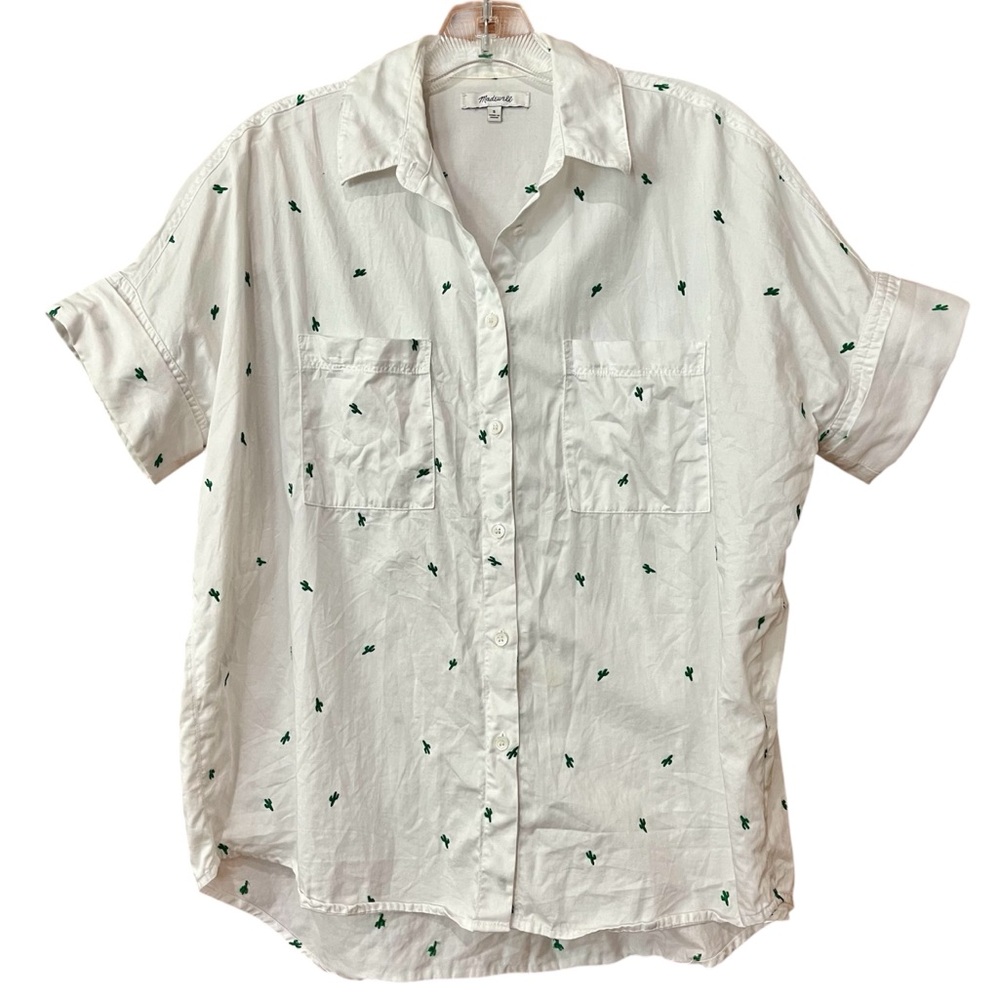 Madewell White Casual Button Down with Green Embroidered Cacti 🌵 size small